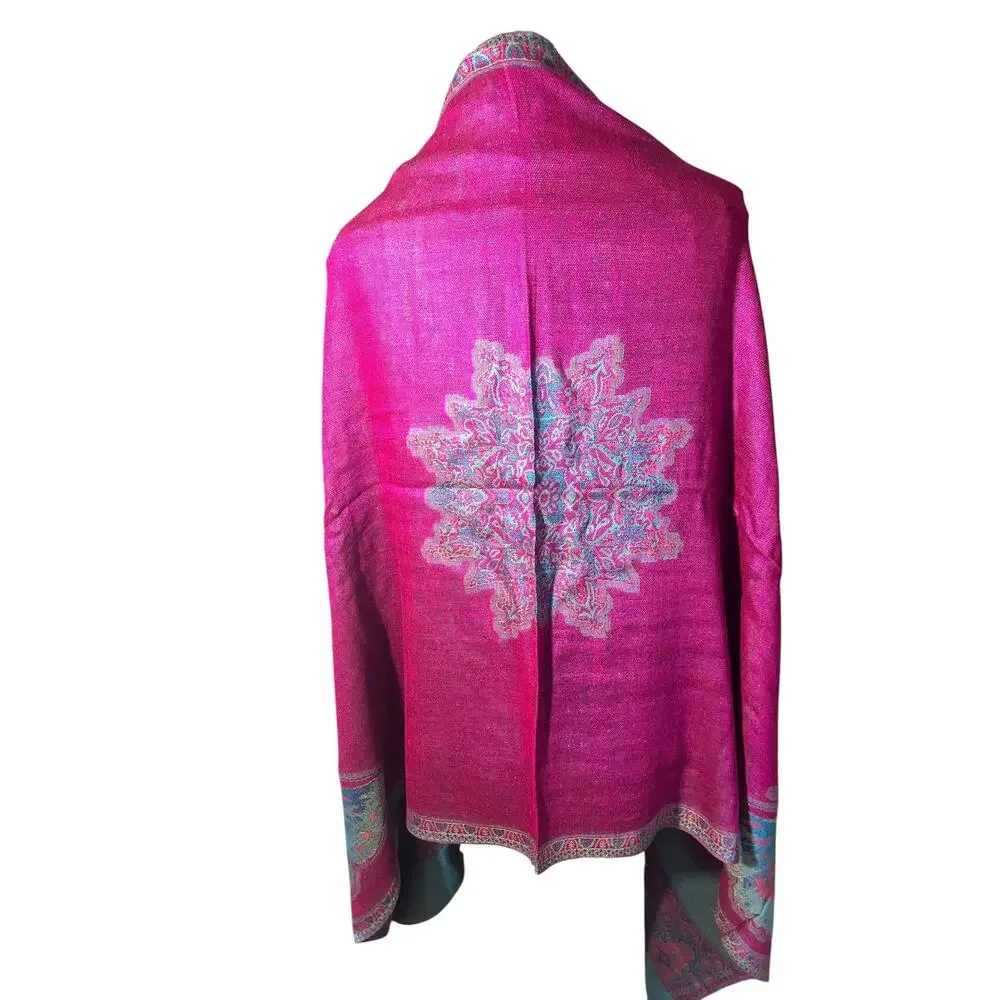 100 % Cashmere Pashmina Reversible Teal and Pink Butterflies and Medallion NWT